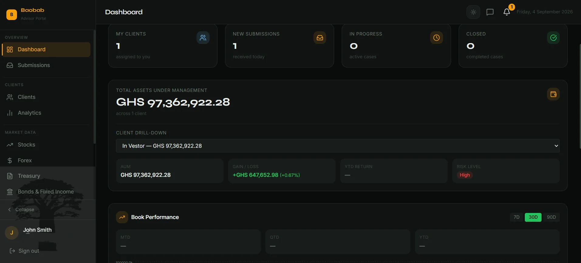 Baobab advisor portal dashboard showing assets under management, live gain and loss, and a client drill-down