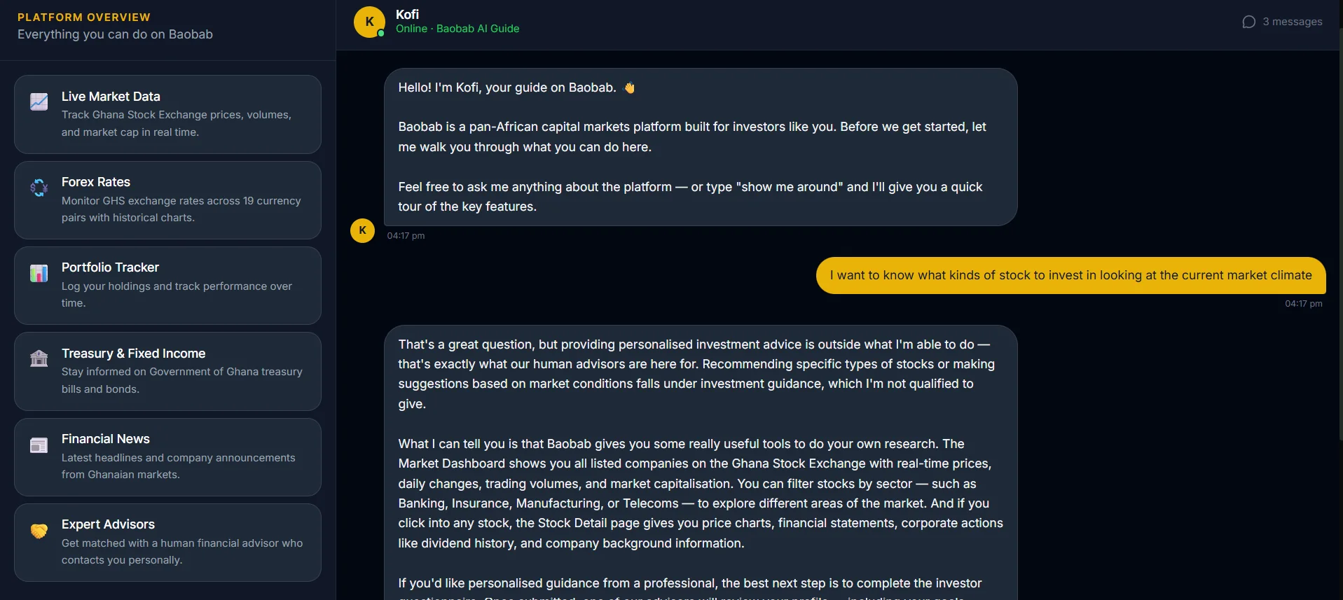 Kofi chat interface declining to recommend which stocks to buy and redirecting the user to a human advisor