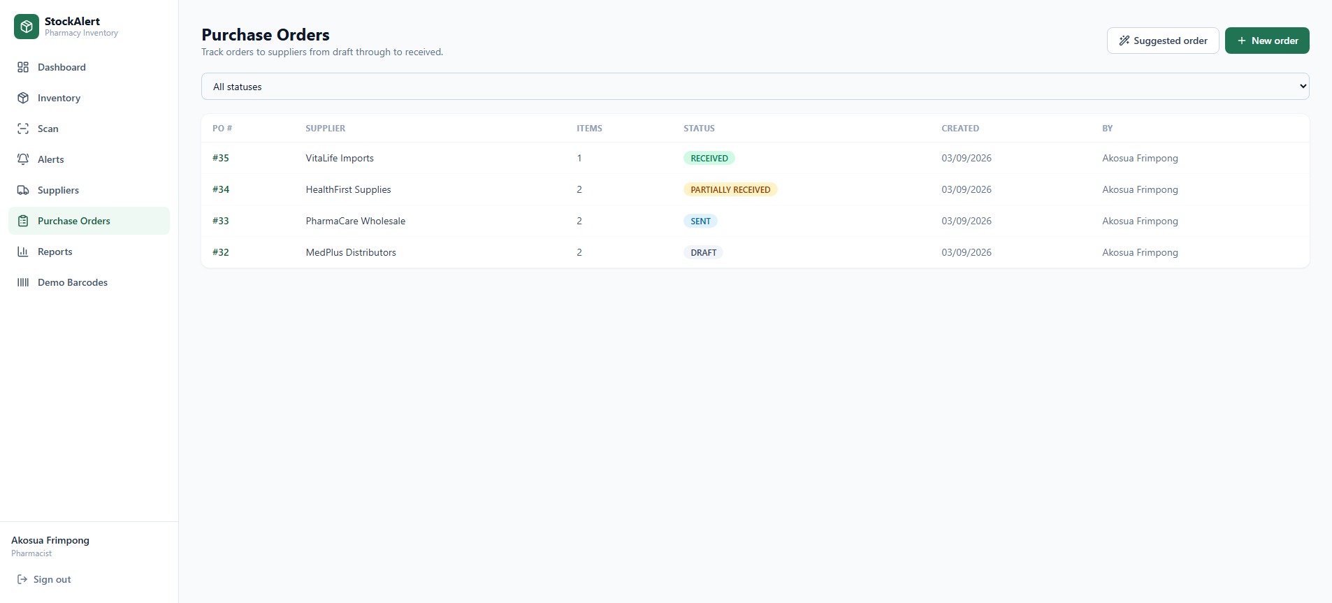 StockAlert purchase orders list with one order in PARTIALLY RECEIVED status