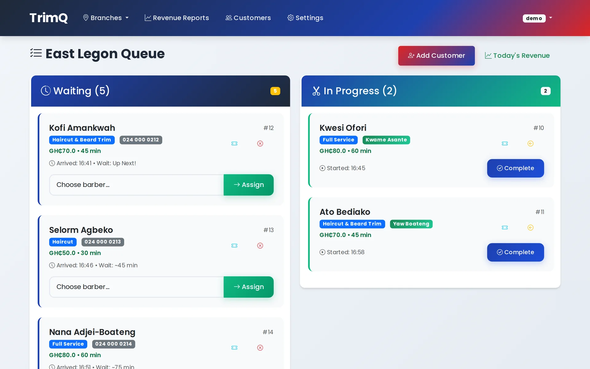 TrimQ staff queue board for East Legon with five customers waiting and two in progress, each waiting customer showing an accumulating wait estimate